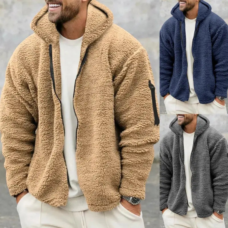 Plush Hooded Jacket Men's 
Autumn And Winter Fleece Double-sided Wear Warm Coat With Zipper Loose Casual Jacket Outdoor Clothing VogueDarzi