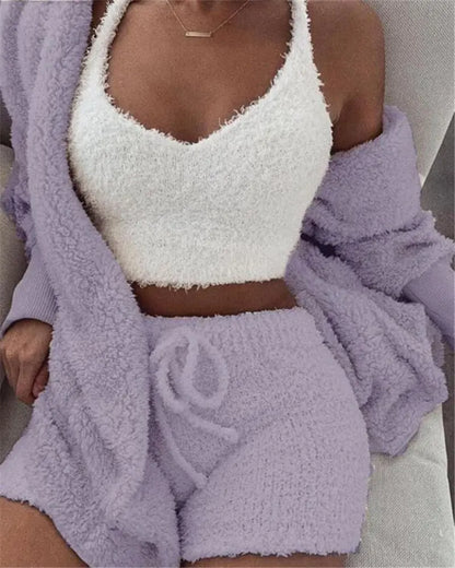 3-Piece Women's Crop Top & Shorts Pajama Set - VogueDarzi