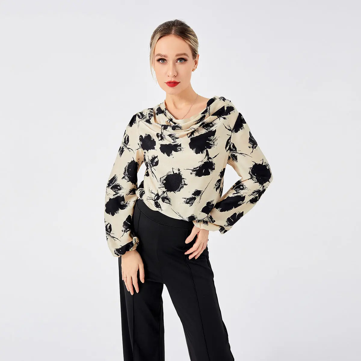 Elegant Ladies Print Front Drop Collar Blouse - VogueDarzi