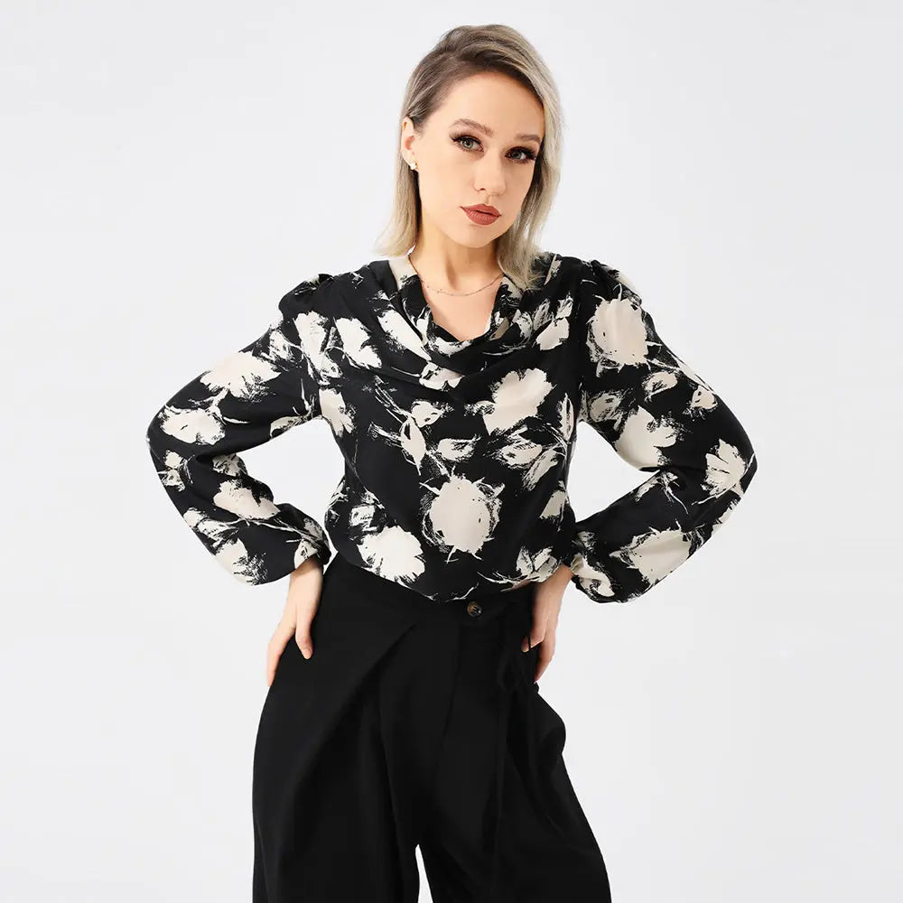 Elegant Ladies Print Front Drop Collar Blouse - VogueDarzi