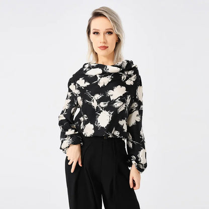 Elegant Ladies Print Front Drop Collar Blouse - VogueDarzi