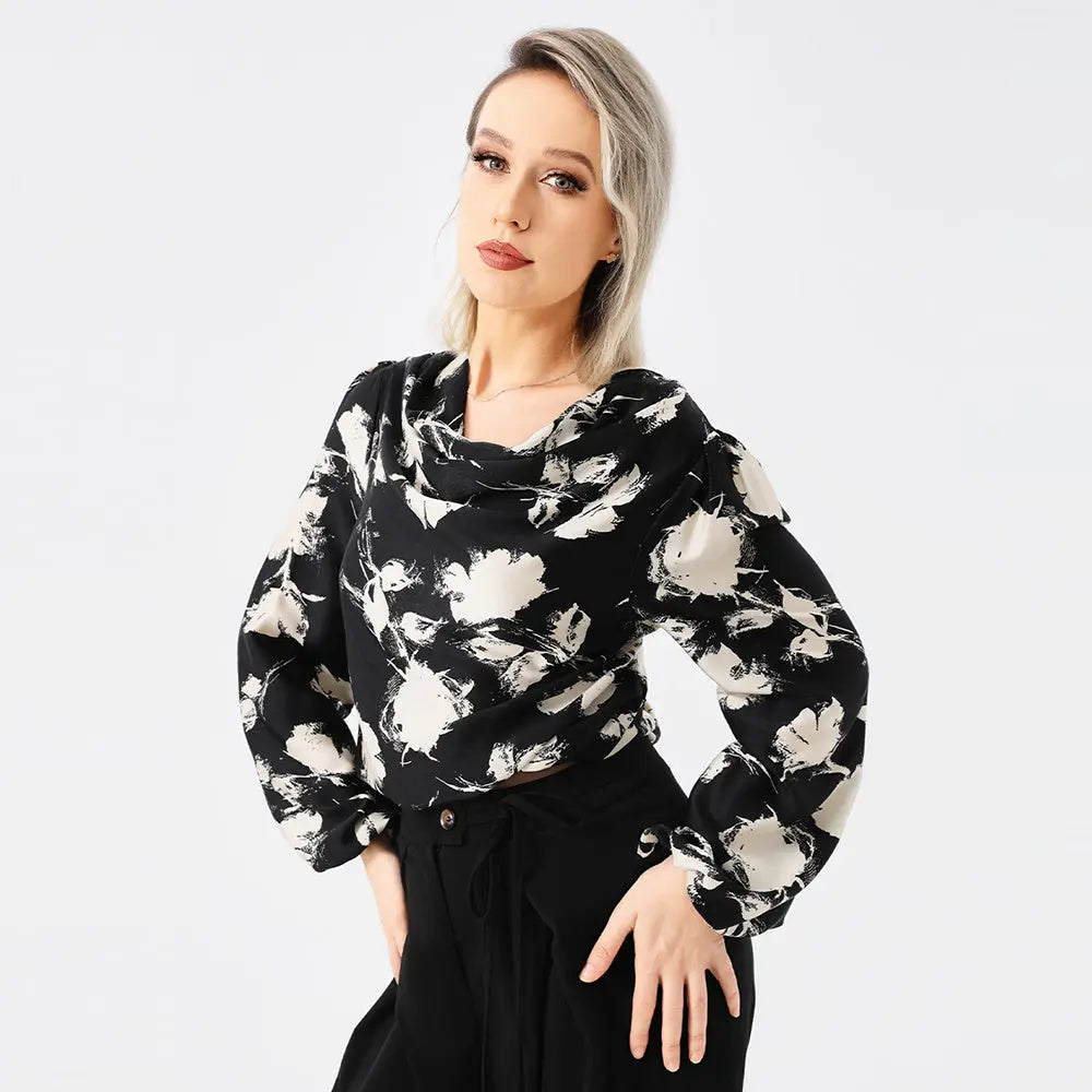 Elegant Ladies Print Front Drop Collar Blouse - VogueDarzi