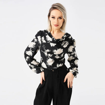 Elegant Ladies Print Front Drop Collar Blouse - VogueDarzi