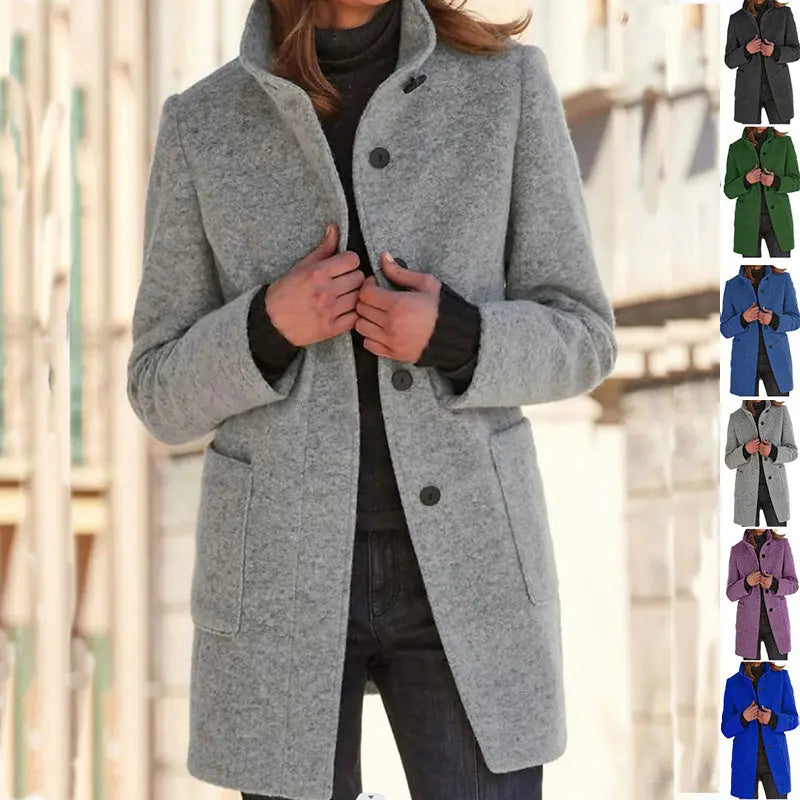 Fashion Stand Collar Woolen Coat With Pockets Fall Winter Casual Button Outwear For Women Clothing VogueDarzi