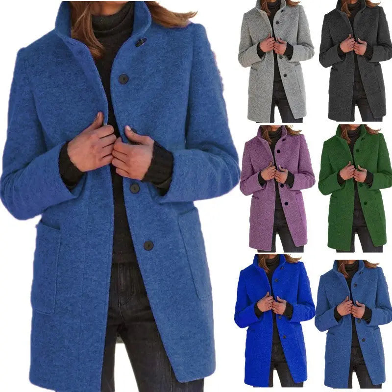 Fashion Stand Collar Woolen Coat With Pockets Fall Winter Casual Button Outwear For Women Clothing VogueDarzi