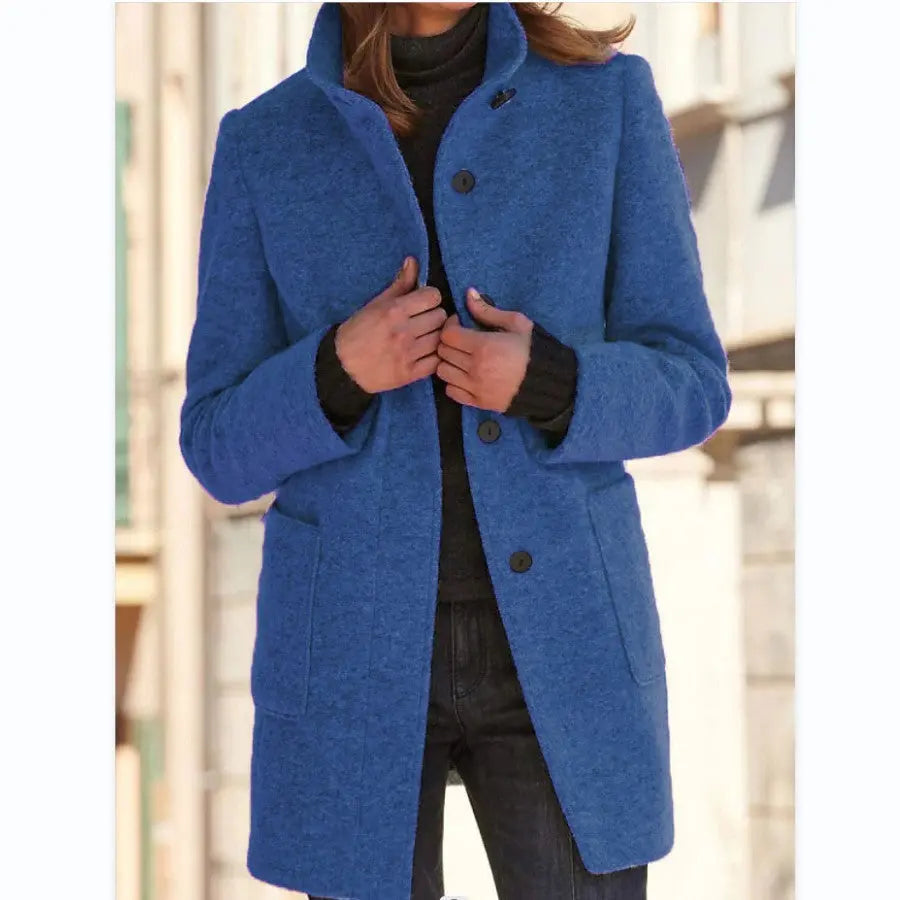 Fashion Stand Collar Woolen Coat With Pockets Fall Winter Casual Button Outwear For Women Clothing VogueDarzi