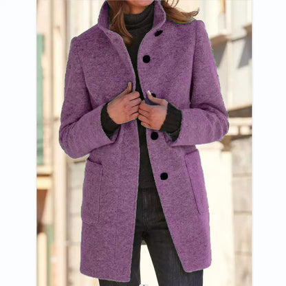 Fashion Stand Collar Woolen Coat With Pockets Fall Winter Casual Button Outwear For Women Clothing VogueDarzi