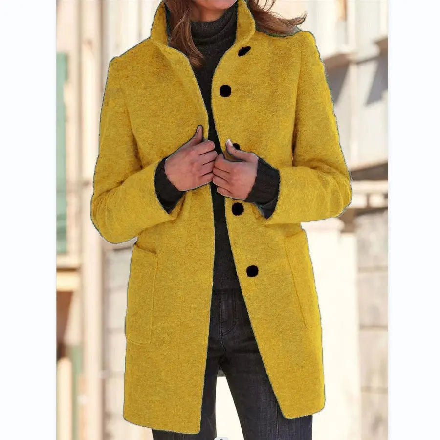 Fashion Stand Collar Woolen Coat With Pockets Fall Winter Casual Button Outwear For Women Clothing VogueDarzi