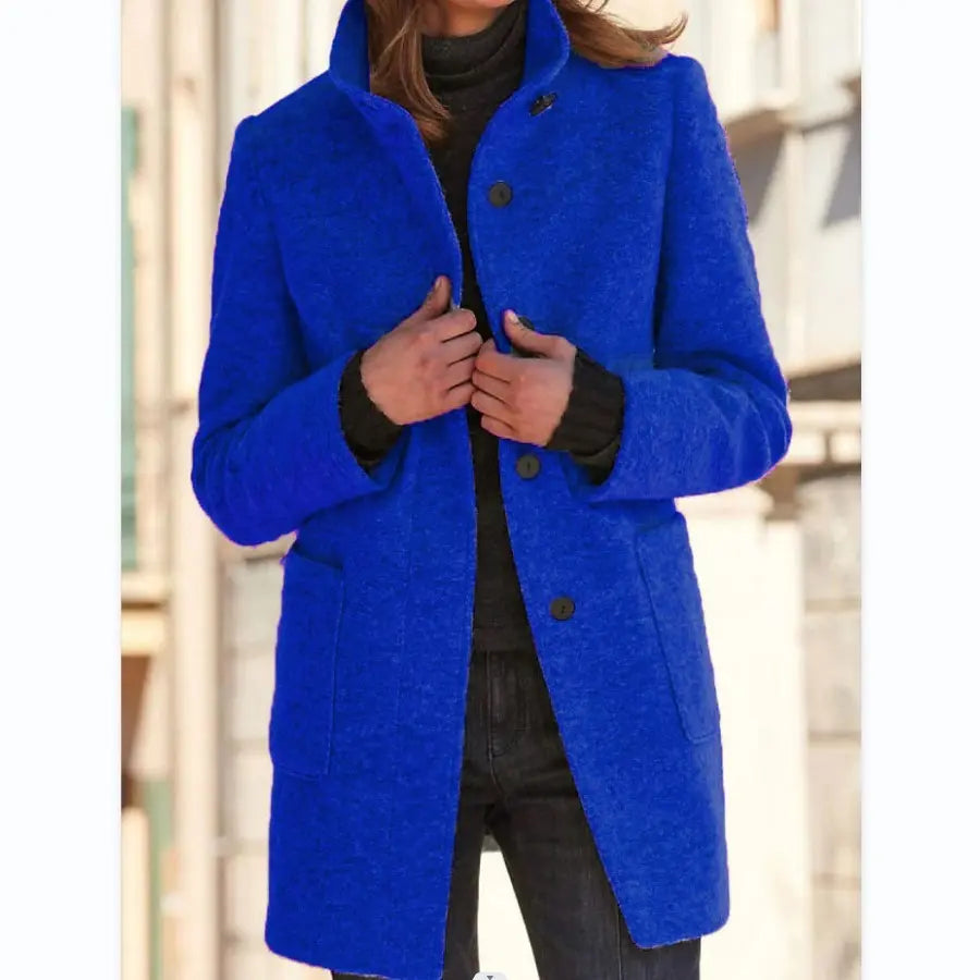 Fashion Stand Collar Woolen Coat With Pockets Fall Winter Casual Button Outwear For Women Clothing VogueDarzi