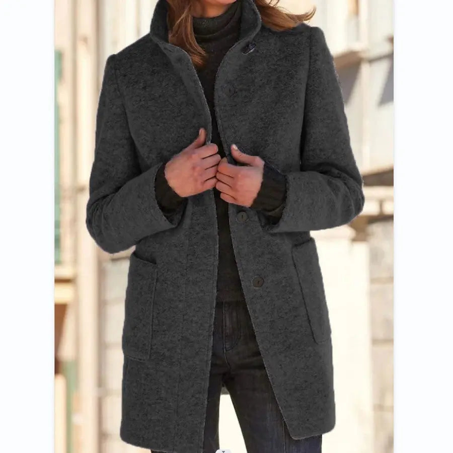 Fashion Stand Collar Woolen Coat With Pockets Fall Winter Casual Button Outwear For Women Clothing VogueDarzi