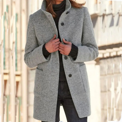 Fashion Stand Collar Woolen Coat With Pockets Fall Winter Casual Button Outwear For Women Clothing VogueDarzi