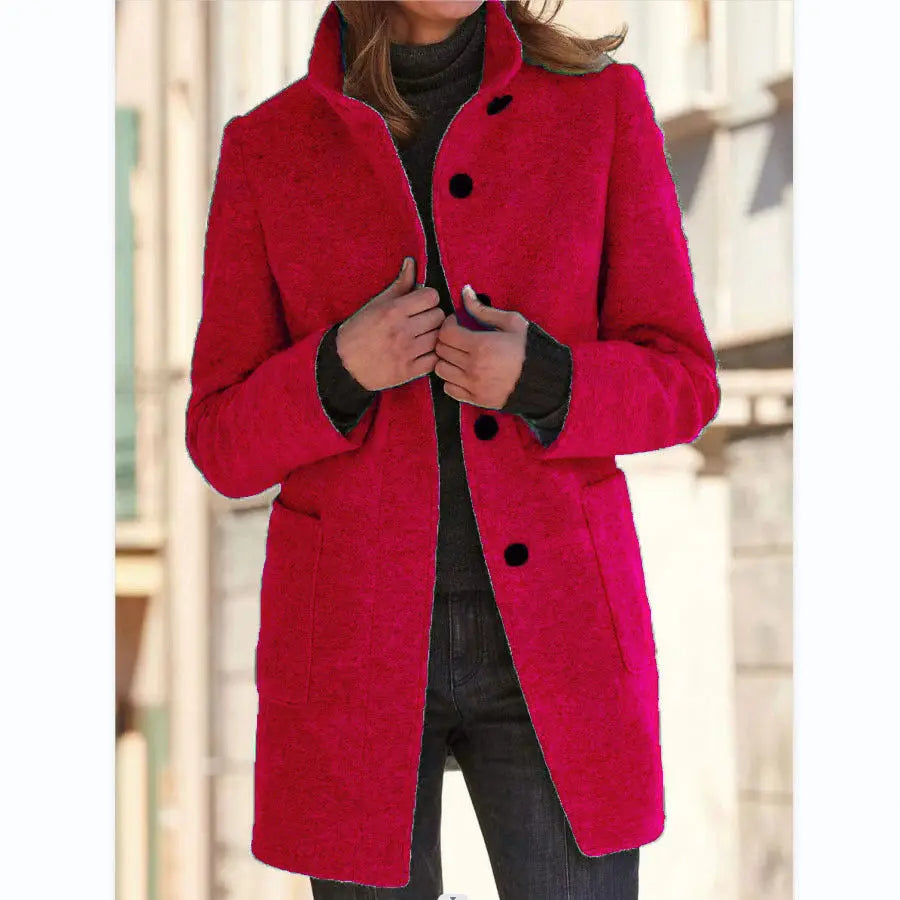 Fashion Stand Collar Woolen Coat With Pockets Fall Winter Casual Button Outwear For Women Clothing VogueDarzi