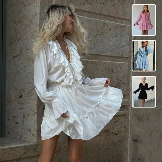 Fashion V Neck Pleated Ruffle Long Sleeve Dress Y2K V Neck Flared Sleeve Short Dress Women's Clothing VogueDarzi