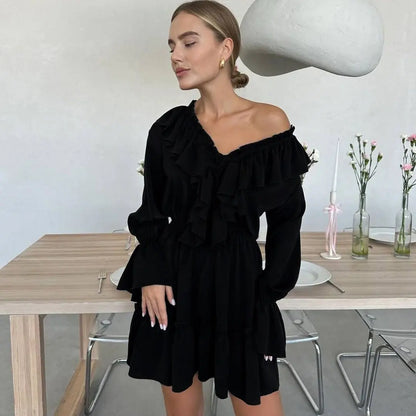 Fashion V Neck Pleated Ruffle Long Sleeve Dress Y2K V Neck Flared Sleeve Short Dress Women's Clothing VogueDarzi