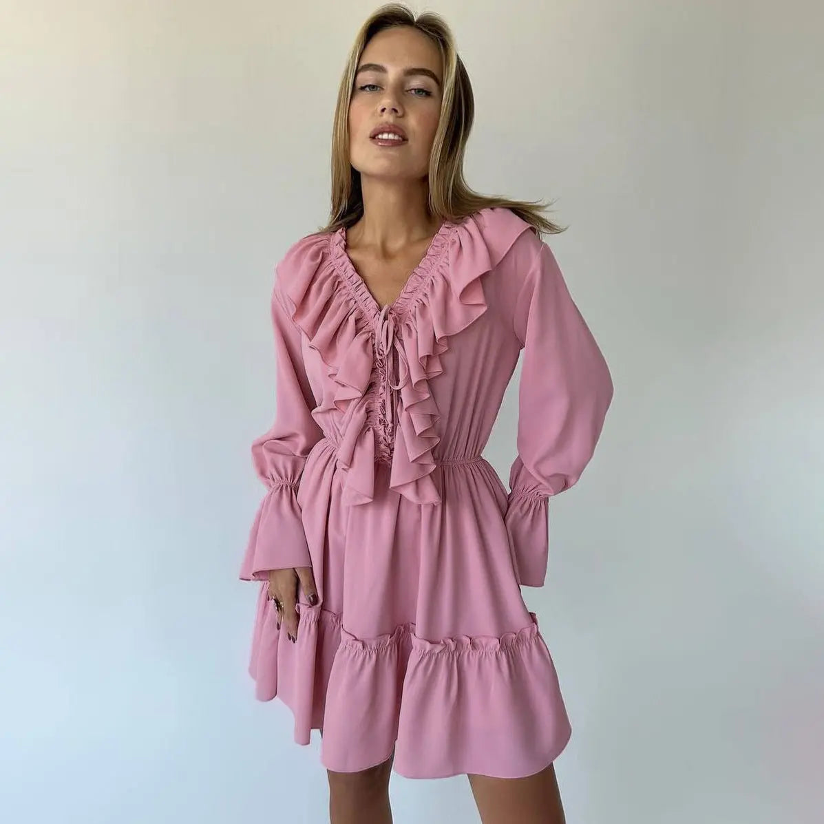 Fashion V Neck Pleated Ruffle Long Sleeve Dress Y2K V Neck Flared Sleeve Short Dress Women's Clothing VogueDarzi