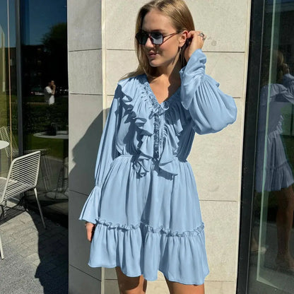 Fashion V Neck Pleated Ruffle Long Sleeve Dress Y2K V Neck Flared Sleeve Short Dress Women's Clothing VogueDarzi