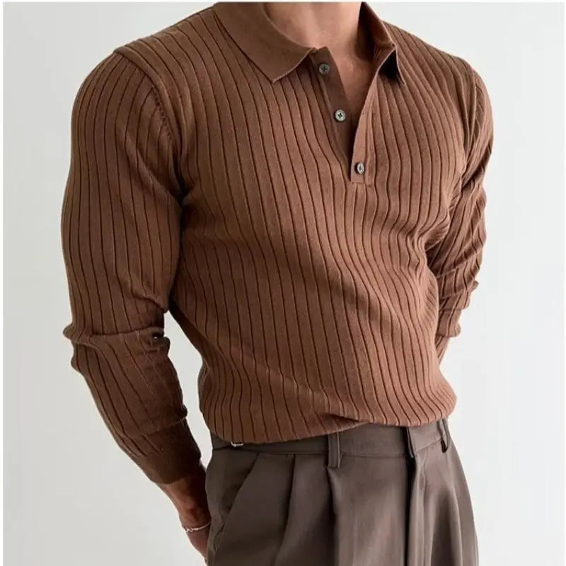 Lapel Button Long Sleeve Polo Shirt Slim Fashion Solid Striped Knitted Bottoming Shirt Top Men's Clothing - VogueDarzi