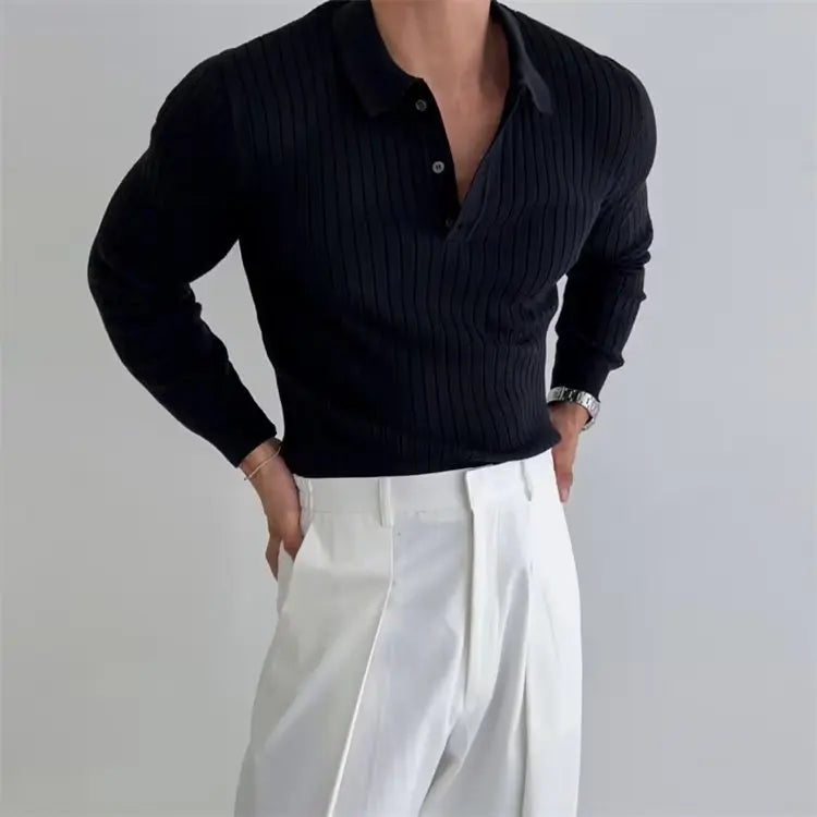 Lapel Button Long Sleeve Polo Shirt Slim Fashion Solid Striped Knitted Bottoming Shirt Top Men's Clothing - VogueDarzi