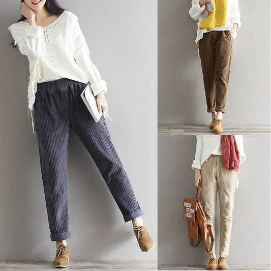 Large Size Women's Art Fan Xian Thin Corduroy Pants Autumn And Winter Loose Casual Trousers - VogueDarzi