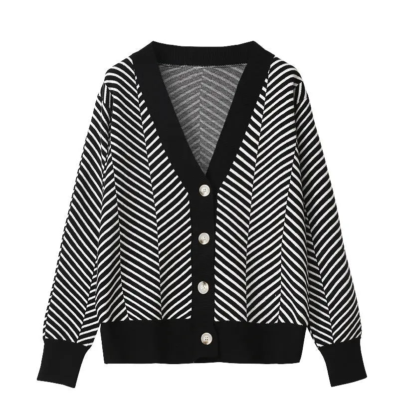 V-neck Diamond Stripe Lazy Style Literary Knit Cardigan - VogueDarzi