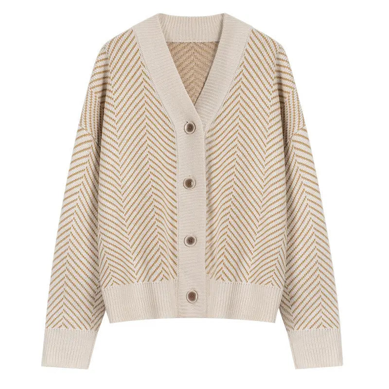 V-neck Diamond Stripe Lazy Style Literary Knit Cardigan - VogueDarzi