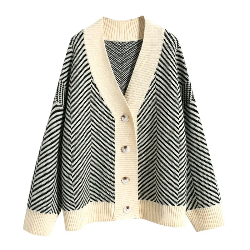 V-neck Diamond Stripe Lazy Style Literary Knit Cardigan - VogueDarzi