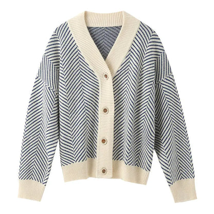 V-neck Diamond Stripe Lazy Style Literary Knit Cardigan - VogueDarzi