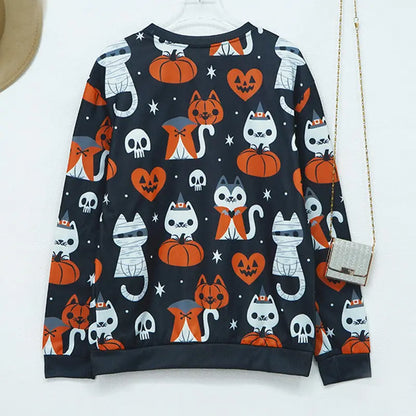 Women's Halloween Pumpkin Print Long Sleeve Loose Sweatshirt VogueDarzi