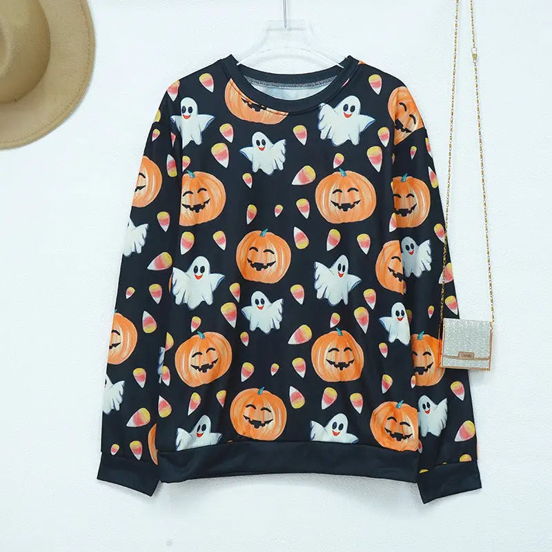 Women's Halloween Pumpkin Print Long Sleeve Loose Sweatshirt VogueDarzi