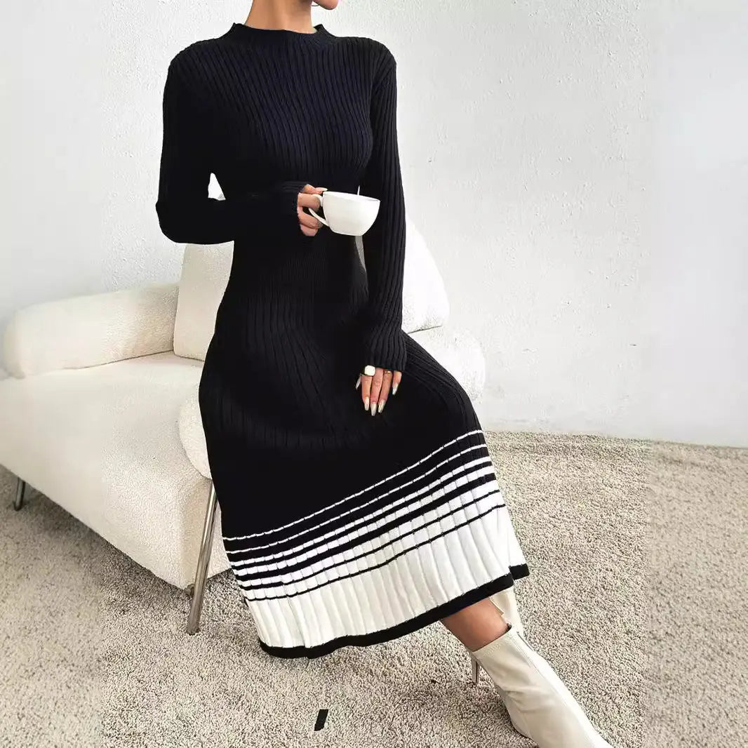 Women's Woolen Skirt Black And White Stripes Dress VogueDarzi