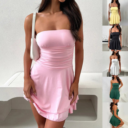 Y2K Tube-top Short Dress Summer Sexy Pleated Tight Dresses For Womens Clothing VogueDarzi